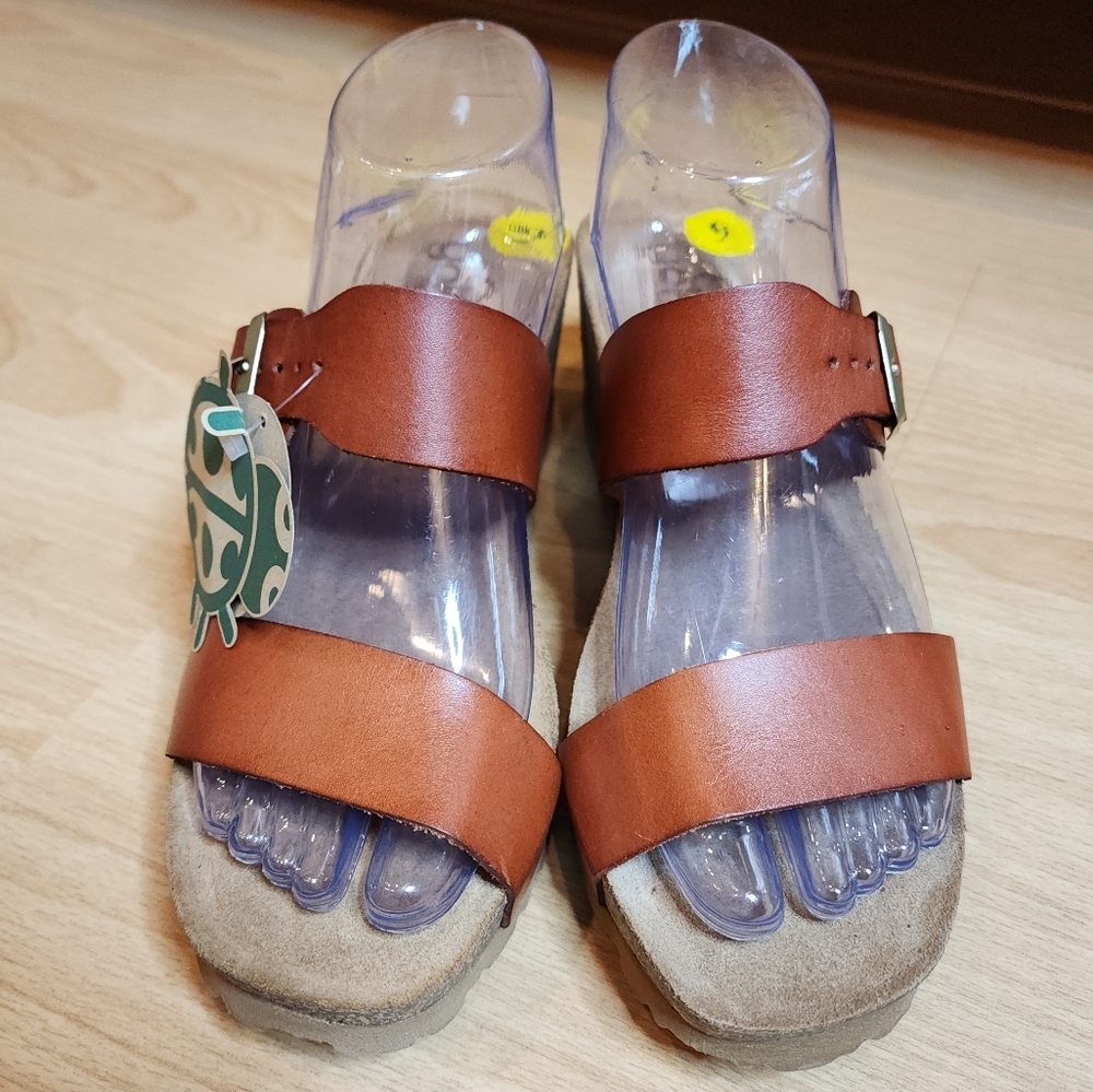 NWT Yokono Brown Leather Wedge Sandals Womens 9 Double Buckle Straps - Picture 3 of 16